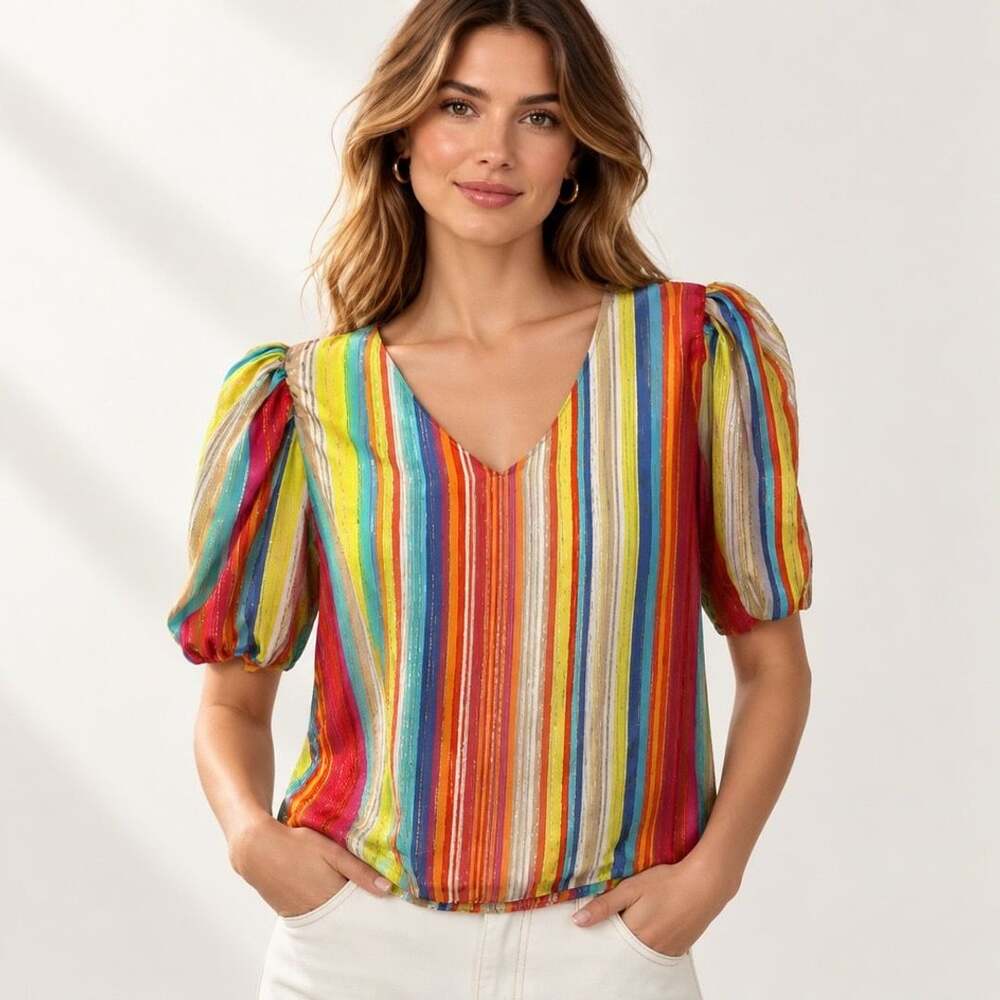 Drew Rainbow Stripe Metallic Puff Short Sleeve Top Size L Multi